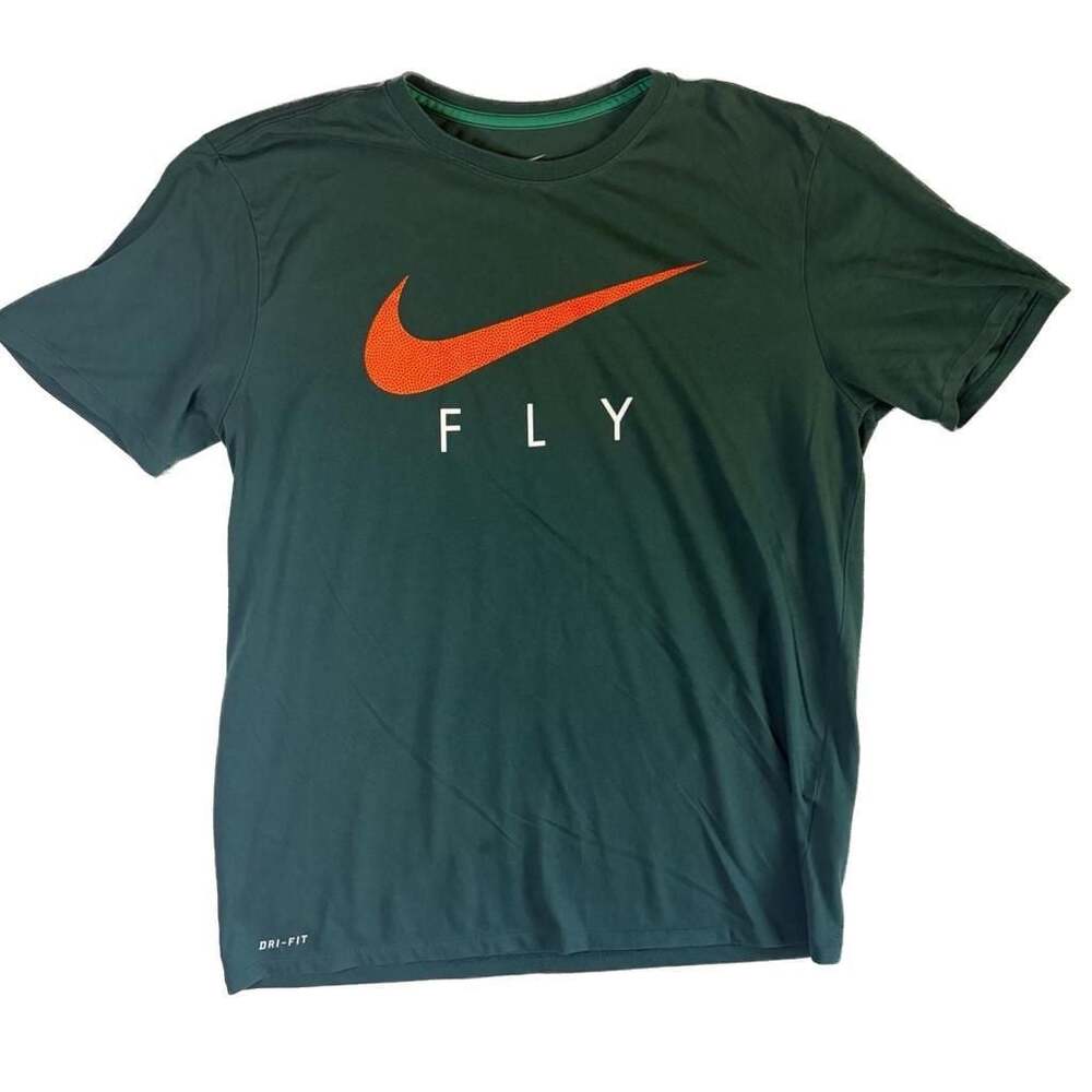 Nike Fly Dri-Fit Athletic Cut T-Shirt Green with Orange Textured Swoosh